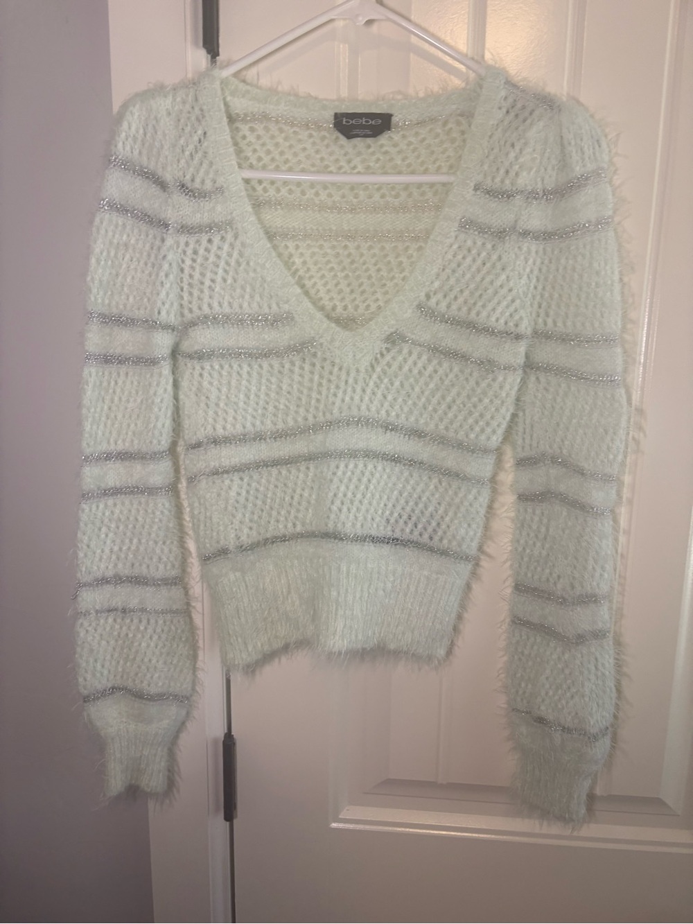 bebe Light Mint Fuzzy V-Neck Sweater with Silver Stripes